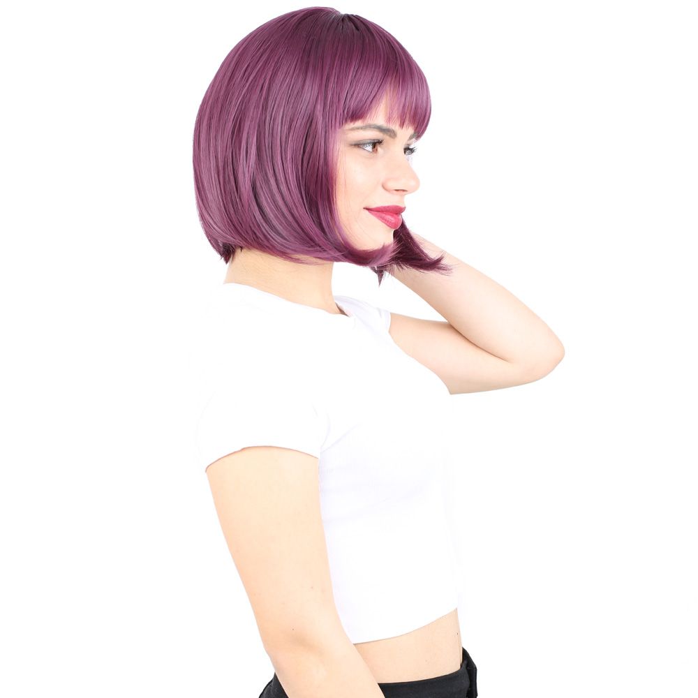 Küt Kahküllü Fiber Sentetik Peruk - Patlıcan Moru 4 Küt Kahküllü Fiber Sentetik Peruk - Patlıcan Moru