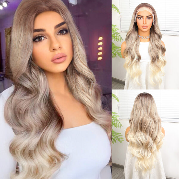 Kumral Platin Ombre  Ve Röfleli Fiber Sentetik Geniş Dalgalı Tül Peruk