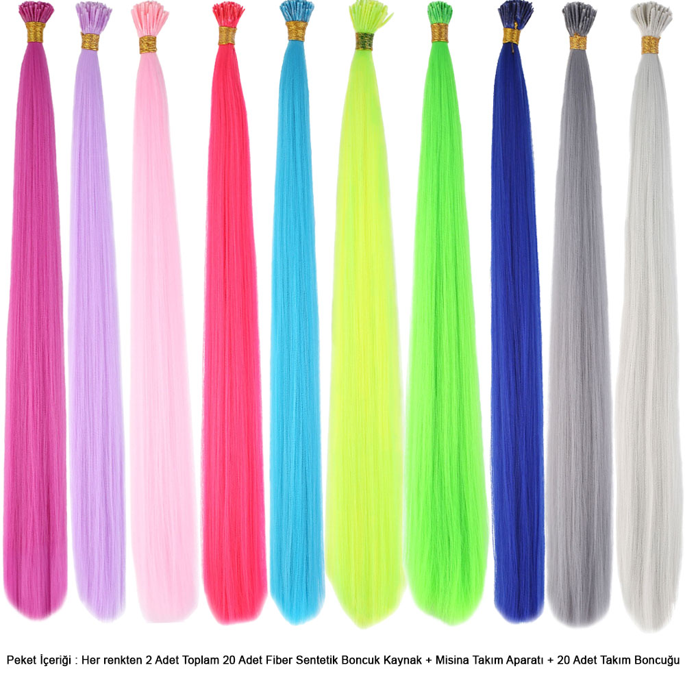 20 Adet Karışık Renkli Fiber Sentetik Kaynaklık Saç 60Cm + Misina Takım Aparatı Ve Boncuğu 4 20 Adet Karışık Renkli Fiber Sentetik Kaynaklık Saç 60Cm + Misina Takım Aparatı Ve Boncuğu - Görsel 2