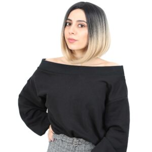 Kahkülsüz Düz Kısa Fiber Sentetik Peruk - Siyah / Balköpüğü Ombreli 8 Kahkülsüz Düz Kısa Fiber Sentetik Peruk - Siyah / Balköpüğü Ombreli