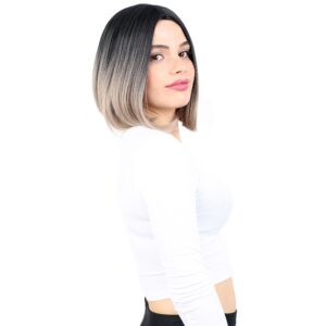 Kahkülsüz Düz Kısa Fiber Sentetik Peruk - Siyah / Küllü Bebek Sarı Ombreli 7 Kahkülsüz Düz Kısa Fiber Sentetik Peruk - Siyah / Küllü Bebek Sarı Ombreli