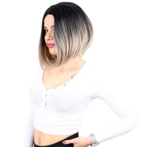 Kahkülsüz Düz Kısa Fiber Sentetik Peruk - Siyah / Küllü Bebek Sarı Ombreli 8 Kahkülsüz Düz Kısa Fiber Sentetik Peruk - Siyah / Küllü Bebek Sarı Ombreli