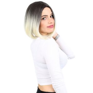 Kahkülsüz Düz Kısa Fiber Sentetik Peruk - Küllü Siyah / Platin Ombreli 7 Kahkülsüz Düz Kısa Fiber Sentetik Peruk - Küllü Siyah / Platin Ombreli