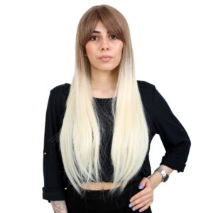 Fiber Sentetik Uzun Düz Kahküllü Peruk - Kumral / Platin Ombreli 8 Fiber Sentetik Uzun Düz Kahküllü Peruk - Kumral / Platin Ombreli