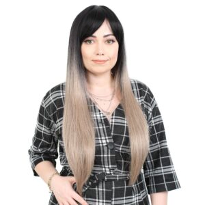Fiber Sentetik Uzun Düz Kahküllü Peruk - Siyah / Küllü Bebek Sarı Ombreli 8 Fiber Sentetik Uzun Düz Kahküllü Peruk - Siyah / Küllü Bebek Sarı Ombreli