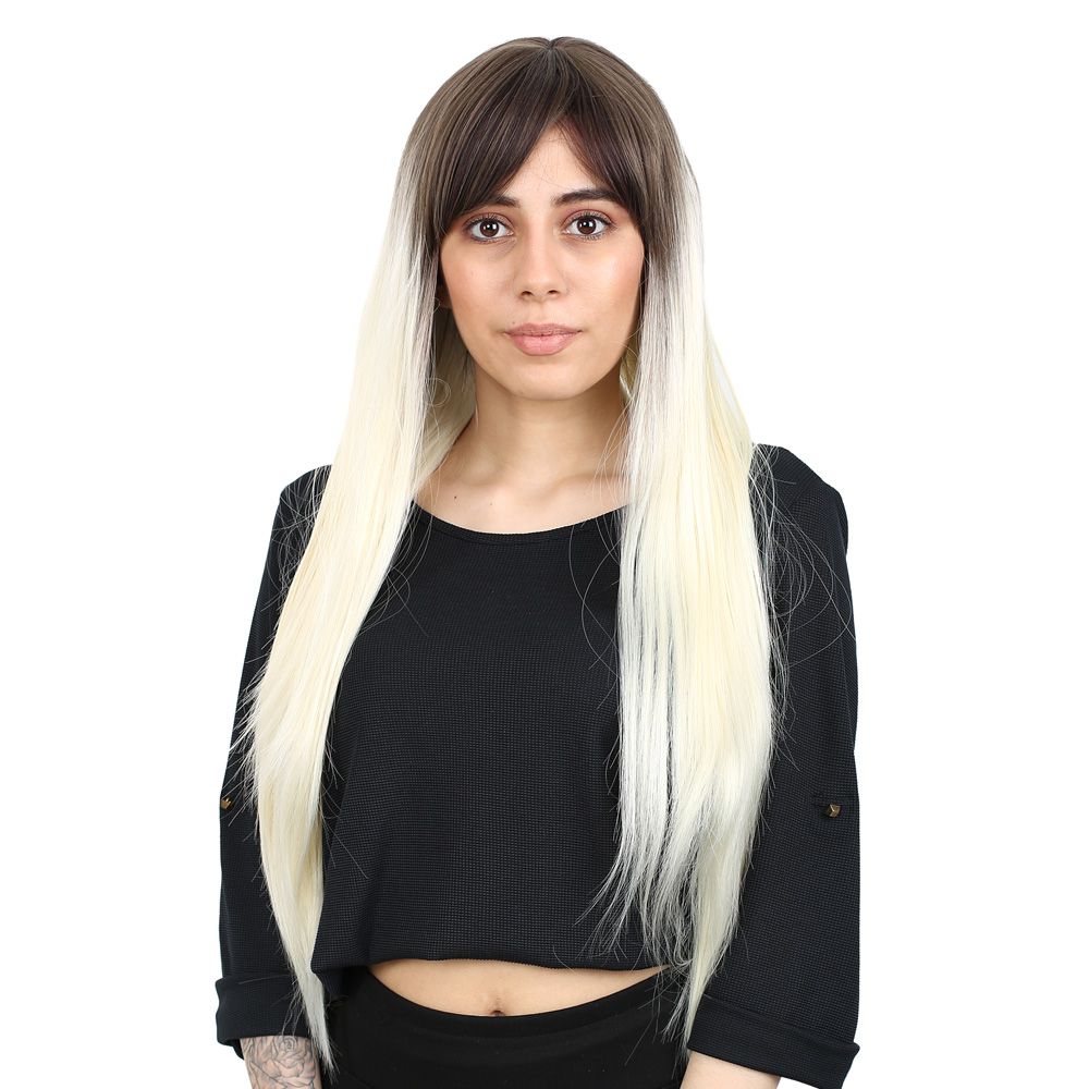 Fiber Sentetik Uzun Düz Kahküllü Peruk - Küllü Açık Kahve / Platin Ombreli 4 Fiber Sentetik Uzun Düz Kahküllü Peruk - Küllü Açık Kahve / Platin Ombreli - Görsel 2