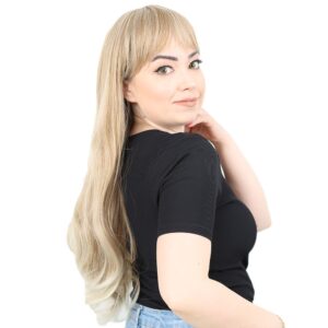 Kahküllü Uzun Dalgalı Fiber Sentetik Peruk - Karamel / Platin Röfleli 9 Kahküllü Uzun Dalgalı Fiber Sentetik Peruk - Karamel / Platin Röfleli