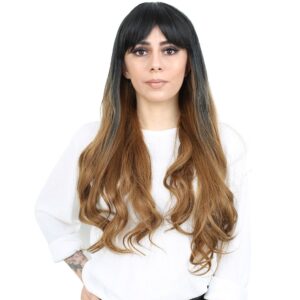 Kahküllü Uzun Dalgalı Fiber Sentetik Peruk - Siyah / Karamel Ombreli 8 Kahküllü Uzun Dalgalı Fiber Sentetik Peruk - Siyah / Karamel Ombreli