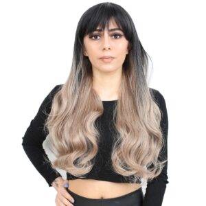 Kahküllü Uzun Dalgalı Fiber Sentetik Peruk - Siyah / Küllü Bebek Sarı Ombreli 8 Kahküllü Uzun Dalgalı Fiber Sentetik Peruk - Siyah / Küllü Bebek Sarı Ombreli