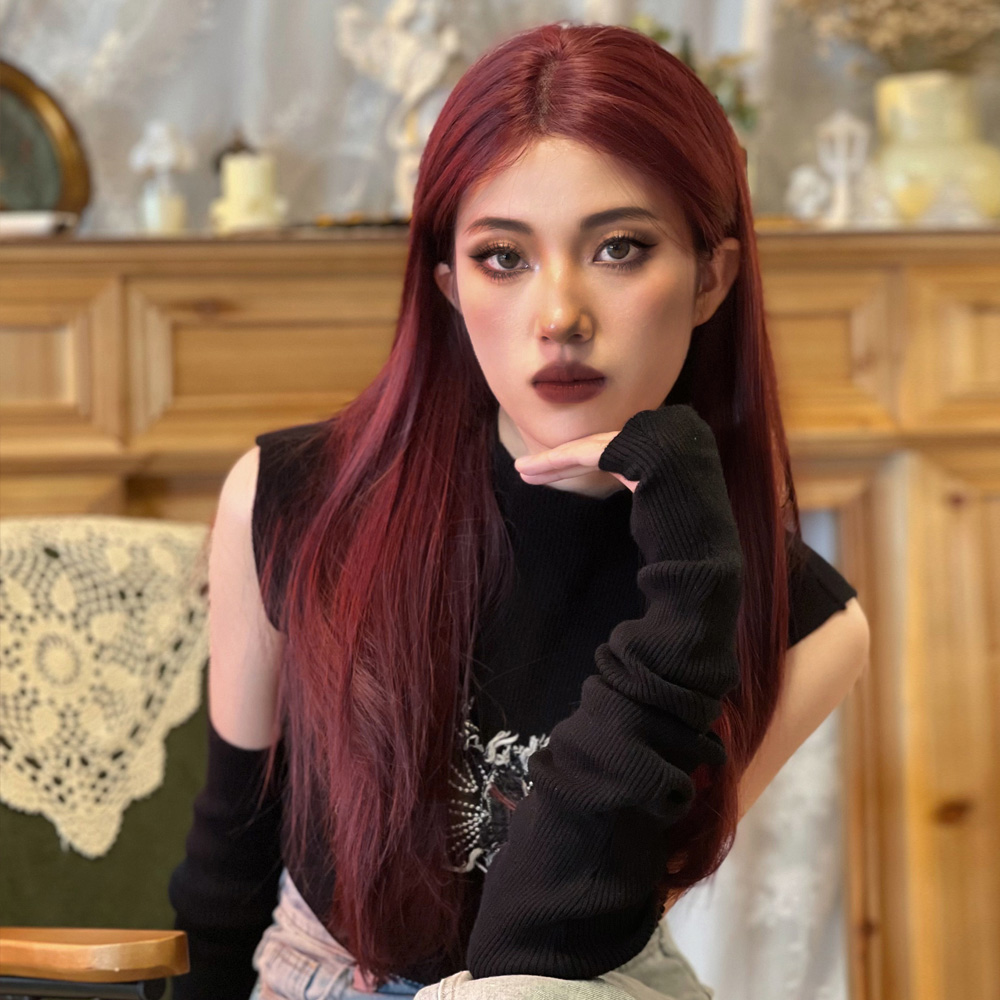 Kızıl Kahverengi Düz Tül Peruk 3 Kızıl Kahverengi Düz Tül Peruk