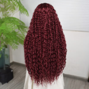 Afro Dalga Koyu Kızıl Fiber Sentetik T Tül Peruk 10 Afro Dalga Koyu Kızıl Fiber Sentetik T Tül Peruk