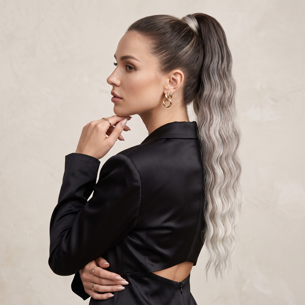 Lastik Tokalı At Kuyruğu Su Dalgalı - Koyu Kumral / Gümüş Platin Ombre 1 Lastik Tokalı At Kuyruğu Su Dalgalı - Koyu Kumral / Gümüş Platin Ombre